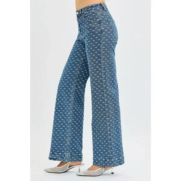 RISEN High Rise Bow Embroidered Details Zip Fly Dark Wash Wide Leg Denim Jeans